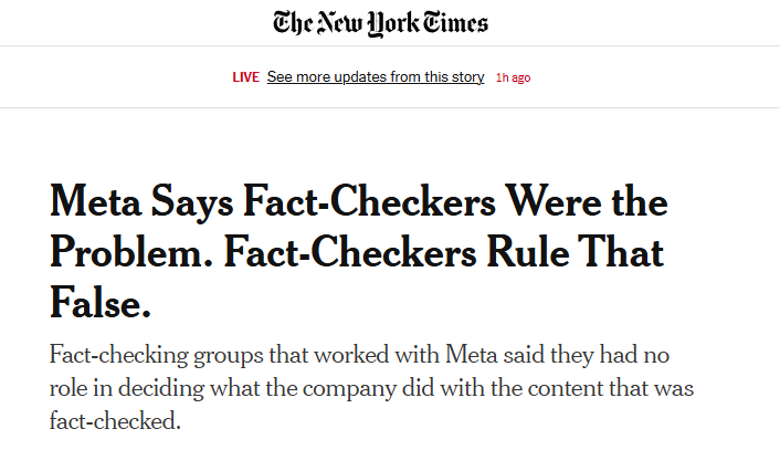 Meta Drops ‘Fact-Checkers,’ and The New York Times Accidentally Writes the Funniest Headline of the Year Image